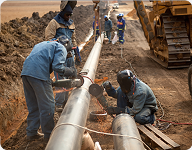 workers working on a pipe constructing pipeline facility in the middle of a field